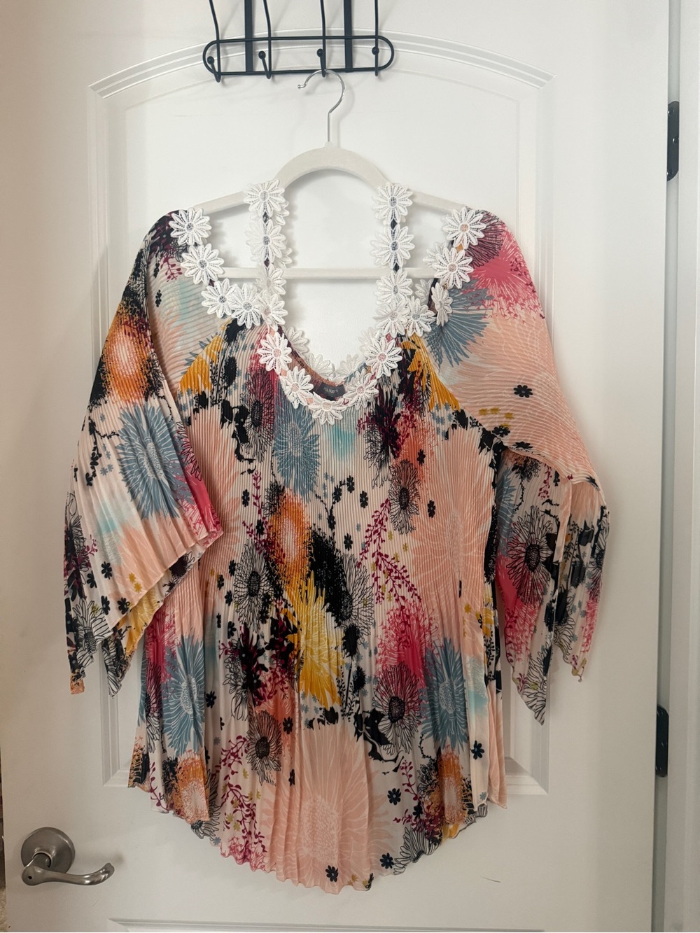 Kate & Mallory Floral Pleated Tunic with Lace Trim - Peach Multi
